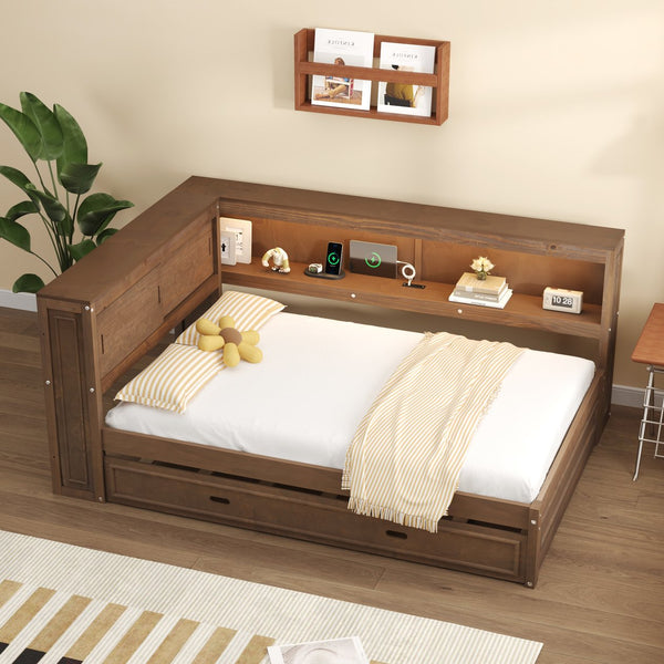 English Elm Full Pine Daybed with Trundle Sliding Storage Shelves Led Lighting and Usb Charging Wood GX004003AAD