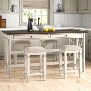 English Elm Drop Drop Leaf Table w/4 Stools Antique White — Solid Wood/MDF, Space-Saving, 36" Expandable, Drawers Included B2699P206765