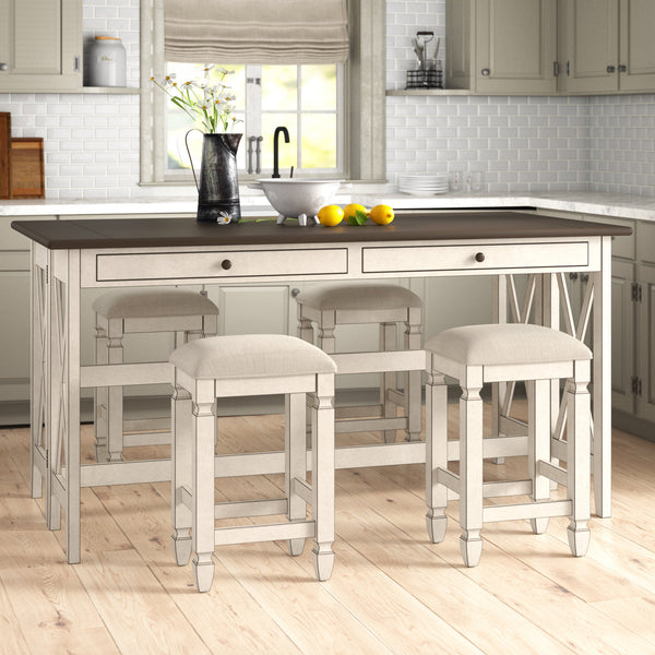 English Elm Drop Drop Leaf Table w/4 Stools Antique White — Solid Wood/MDF, Space-Saving, 36" Expandable, Drawers Included B2699P206765