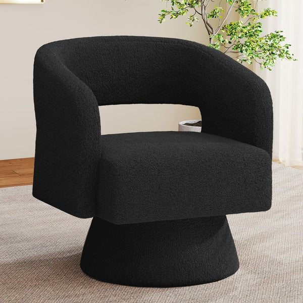 English Elm Swivel Teddy Barrel Accent Chair with Ergonomic Wrap-Around Back, Plush Sherpa Fabric Comfort Black T3950P407284