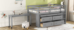 English Elm Twin Loft Bed Pinewood Frame Four Drawers Retractable Study Desk Kids Bedroom Gray LT000368AAE