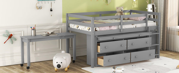 English Elm Twin Loft Bed Pinewood Frame Four Drawers Retractable Study Desk Kids Bedroom Gray LT000368AAE