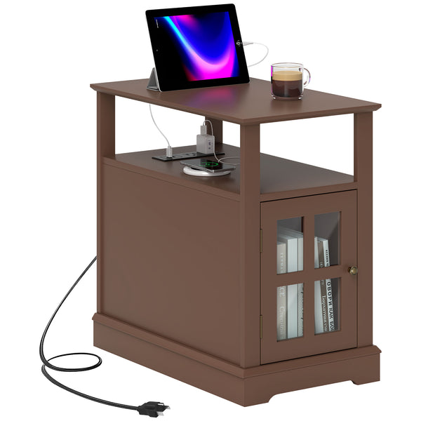 English Elm HOMCOM Narrow End Table with Built-In Charging Station, Hidden Glass Storage and Open Shelf Elegance Brown W2225P229465
