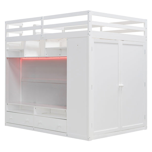English Elm Full Size Loft Bed with Led Lighting Wardrobe Drawers and Shelves for Teen Rooms White LT000499AAK