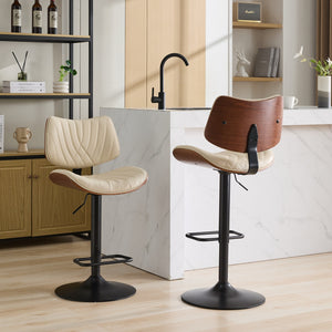 English Elm Walnut Bentwood Bar Stool set - Mid-Century Adjustable Counter Height with Faux Leather Seat, 360° Swivel, Ergonomic Backrest Beige W1143P278531