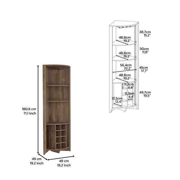 English Elm Corner Bar Cabinet with Ten Built-In Wine Slots, Cup Rack & Spacious Top Shelf for Entertaining Brown 75.2 L x 24.02 W x 3.15 H B097S00148