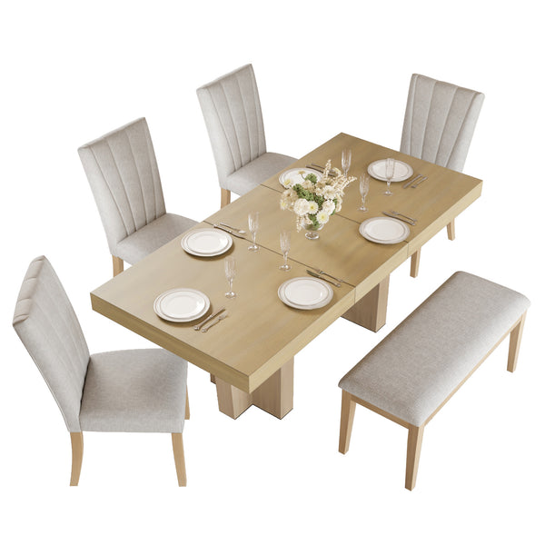 English Elm Topmax Farmhouse Extendable Rubberwood Dining Set Seats Six with Bench and Linen Chairs Natural+Beige N717S000089A