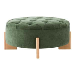 English Elm 32" Round Chenille Ottoman Tufted Footrest with Rubberwood Legs for Living Room Green N723P405298G