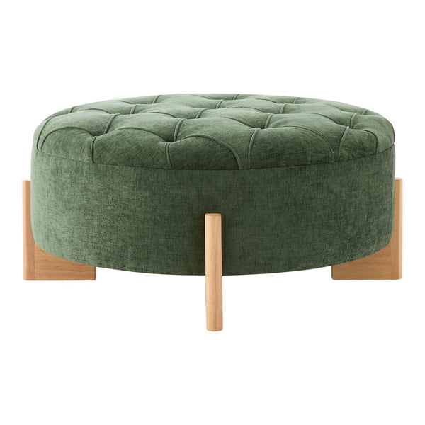 English Elm 32" Round Chenille Ottoman Tufted Footrest with Rubberwood Legs for Living Room Green N723P405298G