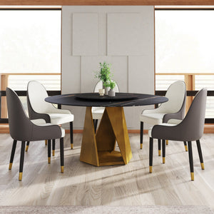 English Elm 59.05" Round Marble Dining Table With Bronze Iron Base & 31.5" Turntable For 6-8 People, Black Elegance W1535S00414