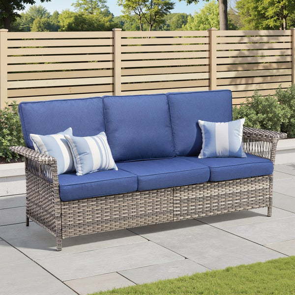 English Elm Outdoor Handwoven Pe Wicker Ottoman Set Patio Footrests with Weather Resistant Cushions Blue T3773P416503