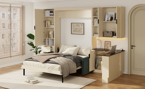 English Elm Queen Murphy Wall Bed Hydraulic Lift Velvet Sofa Built-in Shelves Led Studio Unit Cream LP000392AAA