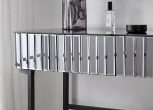 English Elm 39" Mirrored Vanity Table with Stainless Steel Base, 2 Drawers, Tempered Glass Top, 250lb Capacity, Gray Glam Desk N704P171796B