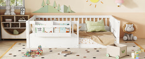 English Elm Twin Low Profile Kids Floor Bed Pine Wood Frame with Safety Rail and Built in Bookshelf White W1580P373134