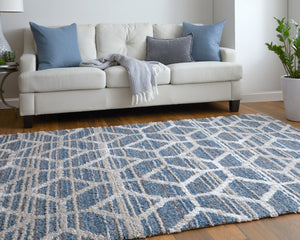 Feizy Rugs Mynka High Pile Geometric Area Rug - Pet-friendly, Stain Resistant, Ideal For High Traffic Spaces Blue,Ivory Polyester Myn39icfblu000p00