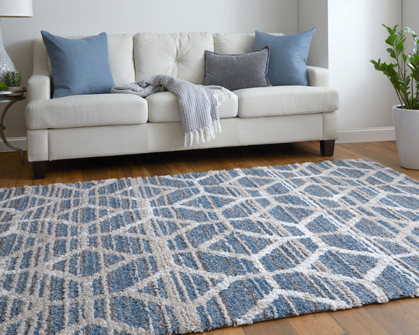 Feizy Rugs Mynka High Pile Geometric Area Rug - Pet-friendly, Stain Resistant, Ideal For High Traffic Spaces Blue,Ivory Polyester Myn39icfblu000p00