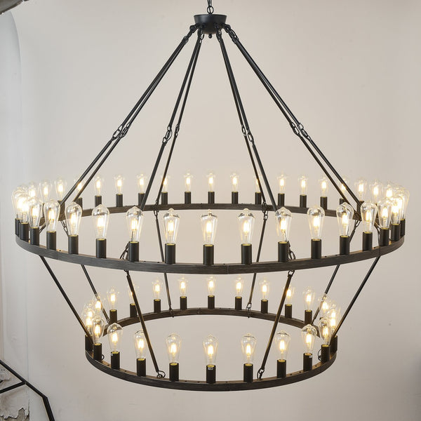 English Elm 59.06 Inch Matte Black Wagon Wheel Chandelier 54 Light Farmhouse Grand Entryway W5008P389266