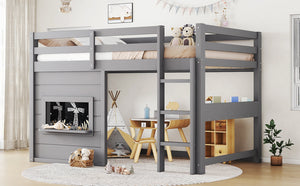English Elm Twin Loft Bed House Frame with Sliding Chalkboard Built-in Bookshelf and Safety Rails Gray W1580S00320