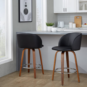 English Elm Fixed-height Swivel Counterstools Walnut Legs Faux Leather Mid-century Kitchen Pair B202S01770