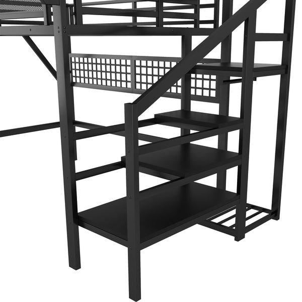 English Elm Queen Metal Loft Bed with Staircase Wardrobe Rgb Lighting Industrial Frame W2580S00067