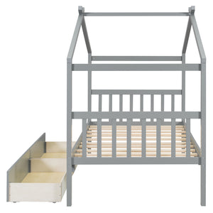 English Elm Twin House Bed Solid Pine Kids Cottage Frame with Storage Drawers Imaginative Room Gray N708P309245E