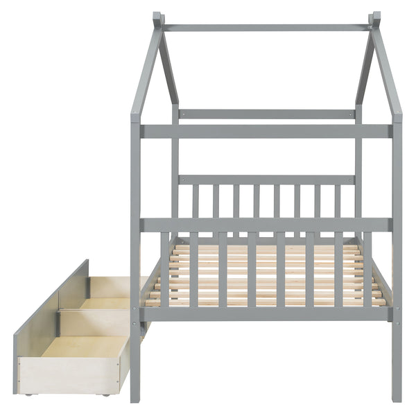 English Elm Twin House Bed Solid Pine Kids Cottage Frame with Storage Drawers Imaginative Room Gray N708P309245E