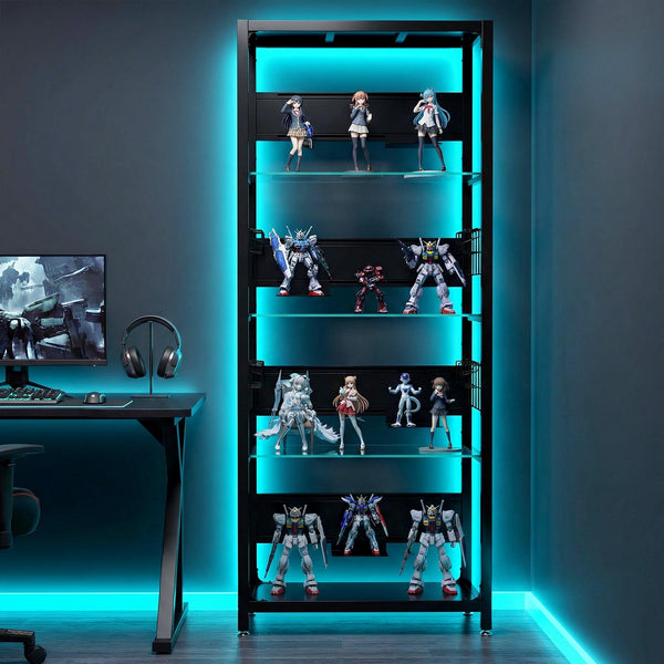English Elm 4-tier Tempered Glass Steel Frame Display Shelf with Rgb Led Lighting for Collectibles W3190P371784