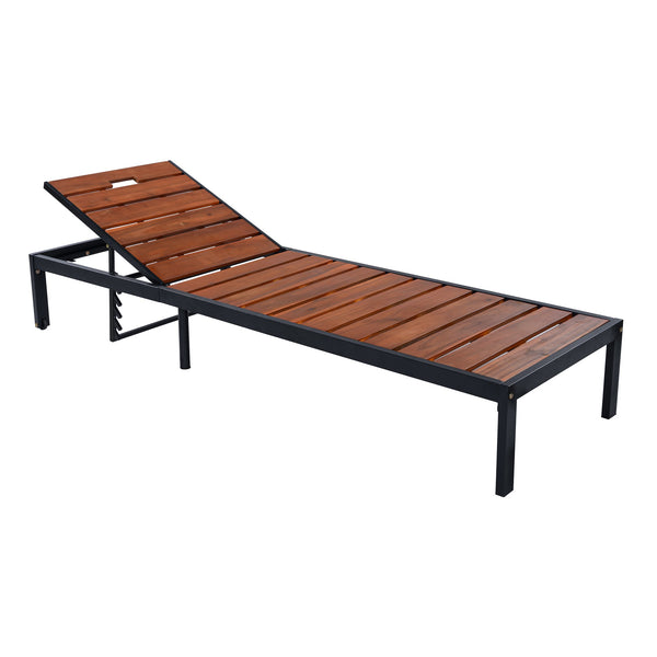 English Elm Outdoor Acacia Wood Slat Chaise Lounge with Powder Coated Frame for Patio Resort Black+Brown N719P383161D