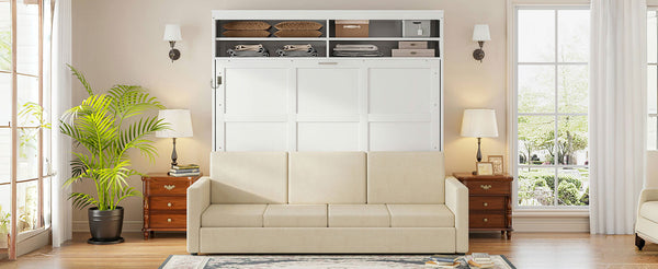 English Elm Queen Murphy Wall Bed with Integrated Sofa Linen Upholstered for Studio Apartments White LP000892AAK-1