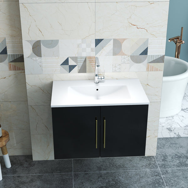 English Elm 30-Inch Black Gloss Wall-Mounted Bathroom Vanity With Soft-Close Doors & Gold Handle For Modern Style W3151S00051