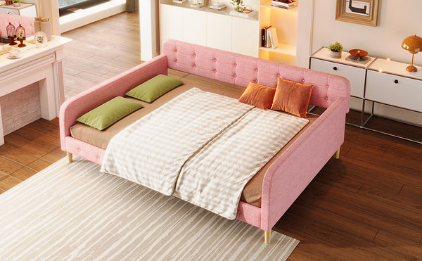 English Elm Queen Upholstered Daybed with Tufted High Sideboard, Linen Finish, Solid Wood Frame, 800lb Capacity Pink N7500001850H