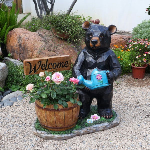 English Elm Outdoor Bear Planter Sculpture Hand Painted Resin Yard Statue for Garden Pathways W5398P455472