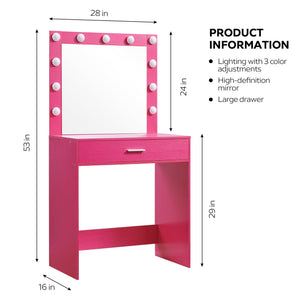 English Elm Vanity Elegant dressing table with LED mirror lights, large drawer, adjustable brightness & storage Pink W2386P216225