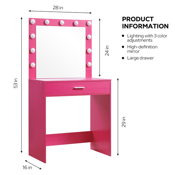 English Elm Vanity Elegant dressing table with LED mirror lights, large drawer, adjustable brightness & storage Pink W2386P216225