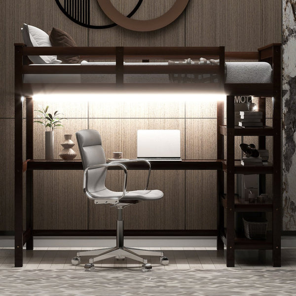 English Elm Twin Pine Loft Bed with Built-in Desk Open Shelves and Led Ambient Lighting Espresso GX000245AAP