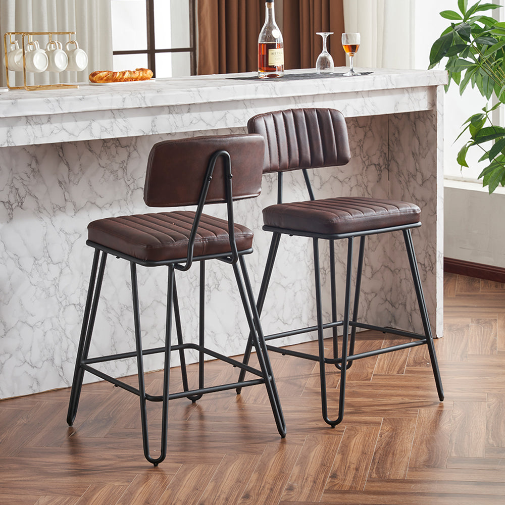 English Elm Industrial Bar Stools Set of 2 — Counter Height PU Leather Seats, Sturdy Metal Frame, Ergonomic Backrest and Footrest for Kitchen Island and Home Bar Brown W1901P264279