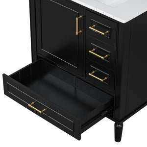English Elm Traditional 30" Bathroom Vanity with Ceramic Basin, Soft-Close Door & Drawers, Gold Handles, Durable Wood Finish Black N729P184479B