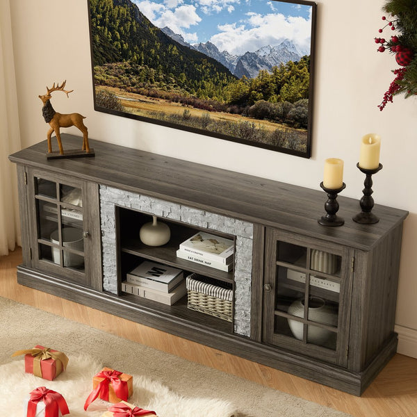 English Elm 70" Modern TV Stand with Faux Stone Top, Spacious 2-Door Media Console with Cable Management and Adjustable Shelves, Vintage Metal Handles, Durable MDF Construction for Living Room Entertainment (Fits up to 75") Grey W2275P342688