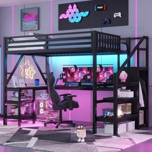 English Elm Metal Full Loft Bed with L Shaped Desk Wardrobe Rgb Lighting and Usb Charging Black W2593S00053