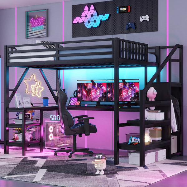 English Elm Metal Full Loft Bed with L Shaped Desk Wardrobe Rgb Lighting and Usb Charging Black W2593S00053