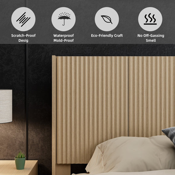 English Elm Wood Headboard Queen Solid Wood 64.4" Fluted 3D Carved Wall-Mount Headboard Modern Farmhouse Oak W3520P356698