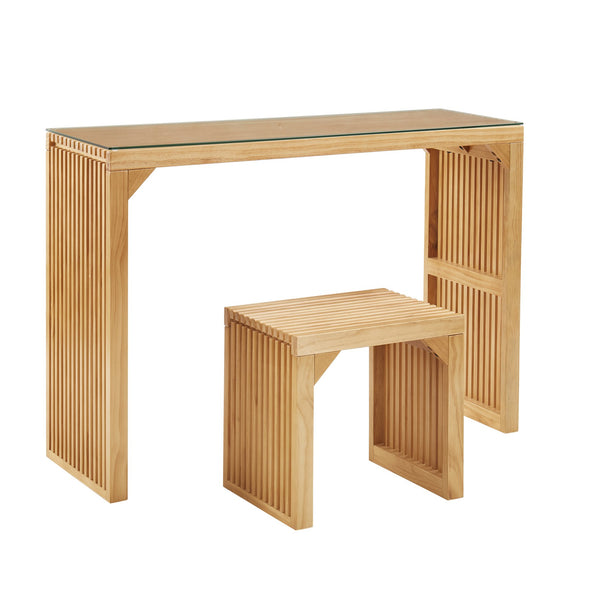 English Elm Pine Multi-Use Dining Bench & Table Set with Tempered Glass, Compact 51.6"L Rustic Wood for Entryway W2275P192310