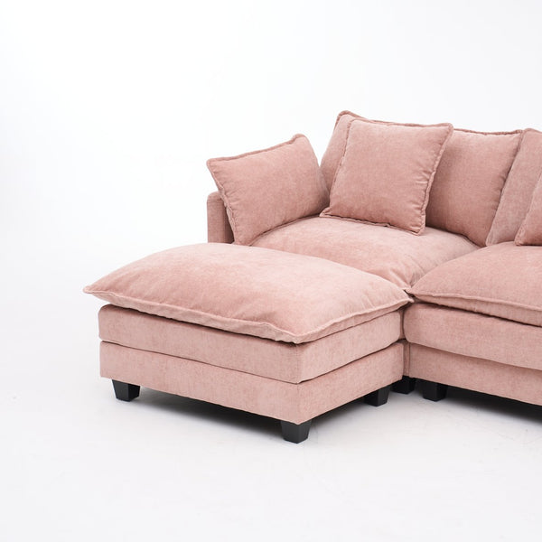 English Elm Beige Chenille Sectional Sofa with Modular Ottoman for Living Room or Studio Pink W2603S00003