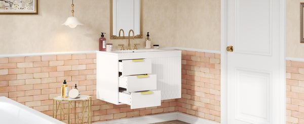 English Elm 30" Wall Mounted Bathroom Vanity with Ceramic Basin Sink, Floating Storage, Soft-Close Doors, Modern Elegance White N710P324096K