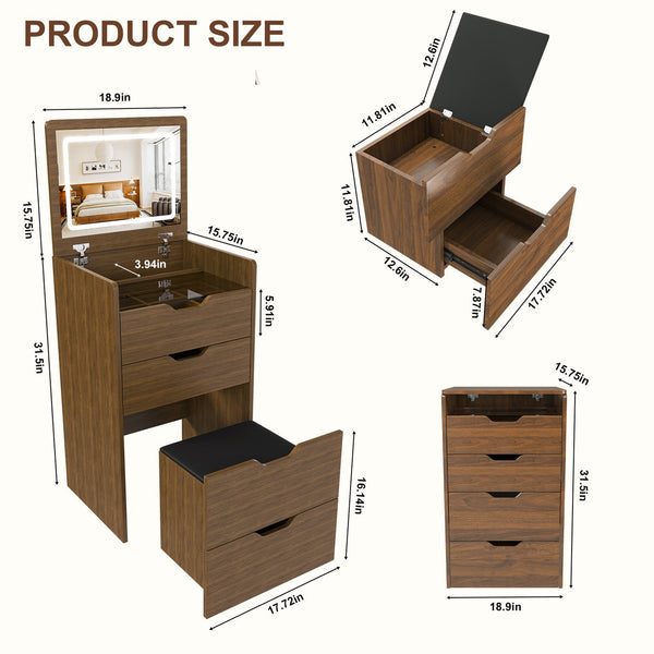 English Elm 3-in-1 Walnut Flip Top Vanity Desk with Led Mirror Stool Bedroom Dressing Table W2699P404631