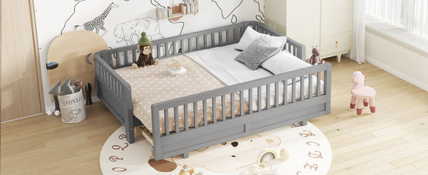 English Elm Twin Xl Convertible Platform Bed With Guardrails, Solid Wood Frame In Gray - Safe & Stylish Sleep Solution W1580S00242-GIGA