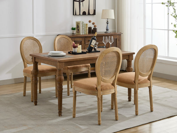 English Elm A&A French Style Dining Chairs Set Of 2 - Antique Wood Frame, Linen Fabric, Rattan Back, Tan Elegance W1143P323325