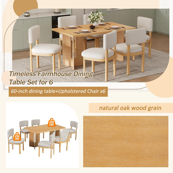 English Elm Trexm Farmhouse Six Seat Dining Set Oak Veneer Distressed Table Upholstered Chairs Natural Wood Wash ST000153AAD