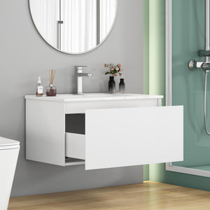 English Elm 32-Inch Wall-Mounted Bathroom Vanity With Soft-Close Drawer, Ceramic Sink, Matte White Finish, Modern Design W3151S00042