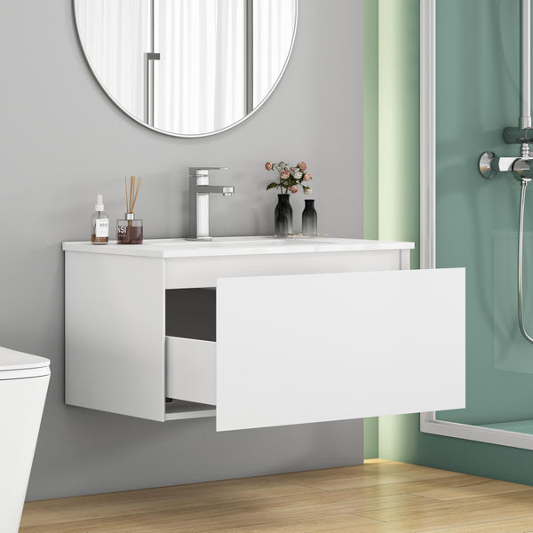 English Elm 32-Inch Wall-Mounted Bathroom Vanity With Soft-Close Drawer, Ceramic Sink, Matte White Finish, Modern Design W3151S00042